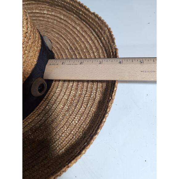 VTG Eric Javits Golden Straw Hat Sun Wide Brim Wide Band Brass And Stone Details - Picture 13 of 16
